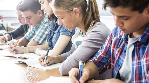 Schülerinnen und Schüler schreiben im Unterricht in ihre Hefte.