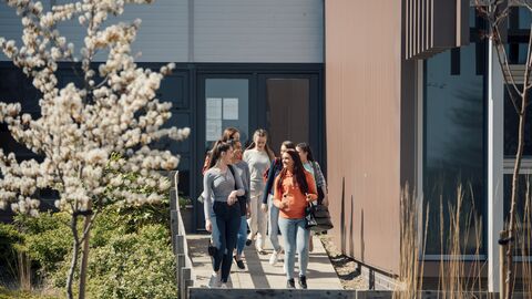 Schülerinnen und Schüler laufen aus dem Schulgebäude.