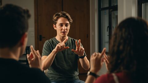 Junge erlernt Gebärdensprache. 